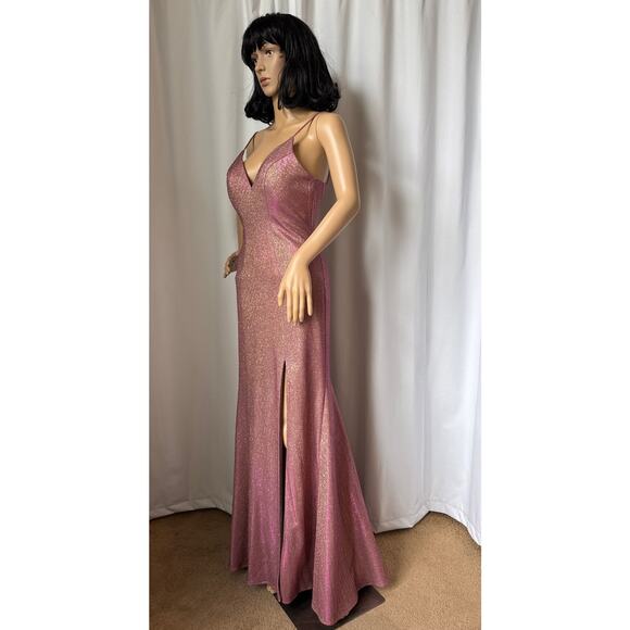 Faviana Sparkly Metallic Long Jersey Dress With Leg Slit pink 2 - Picture 5 of 16